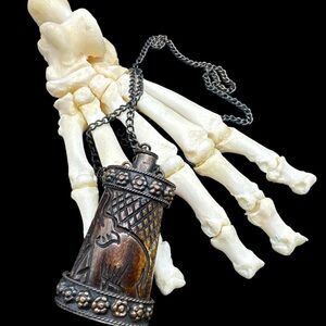 Vintage Carved Bone Flask Necklace Animals Elephant Carved Bottle with Dauber